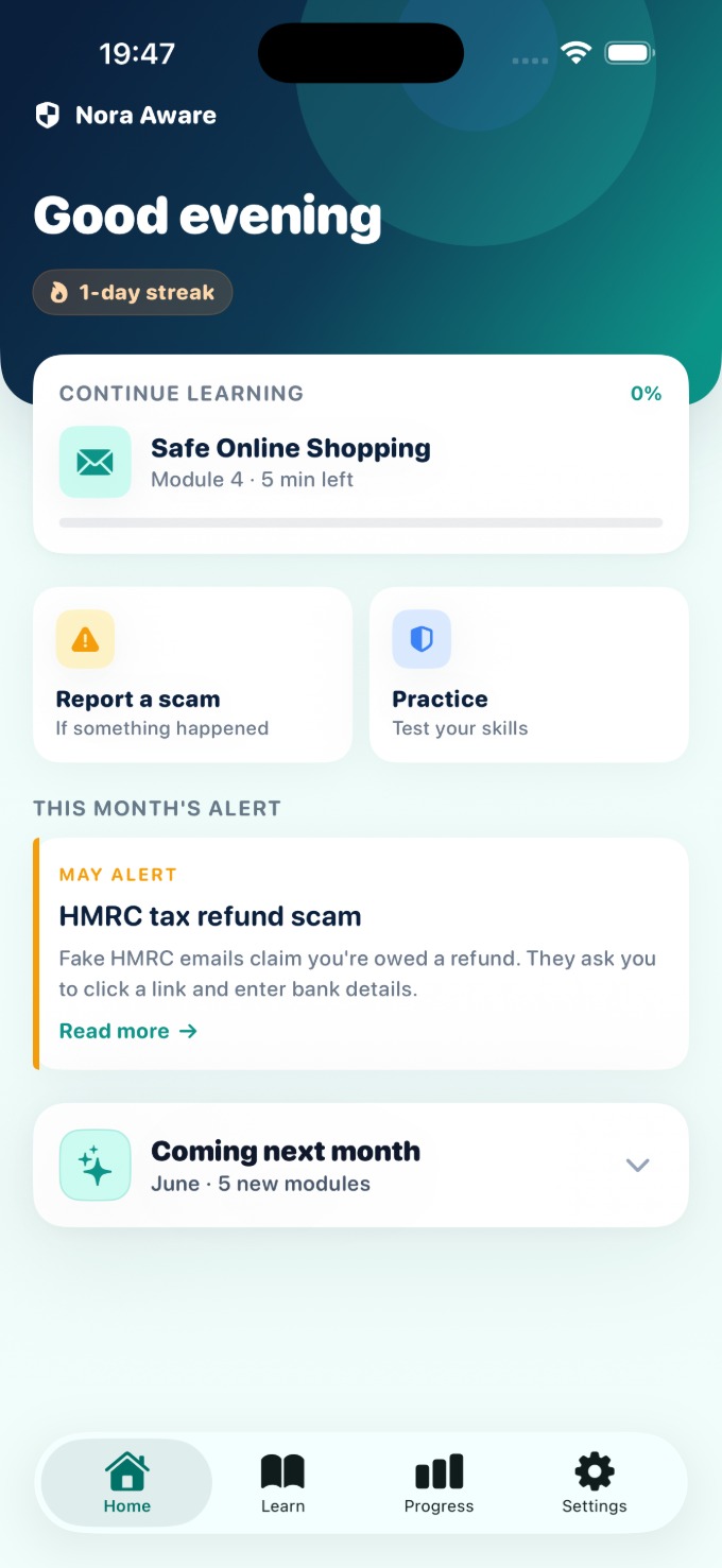 The Nora Aware home screen, showing a good-evening greeting, a learning streak and the lesson to continue