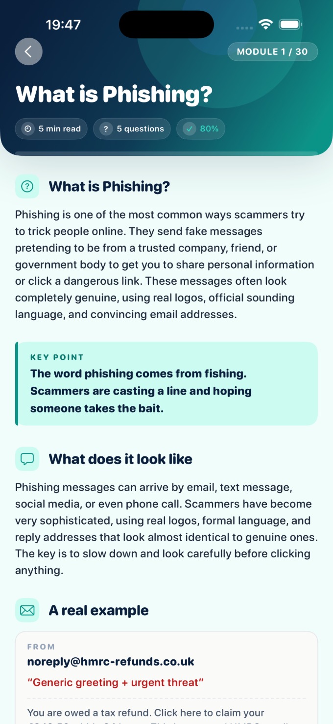A single Nora Aware lesson, What is Phishing, with a key point and a real example