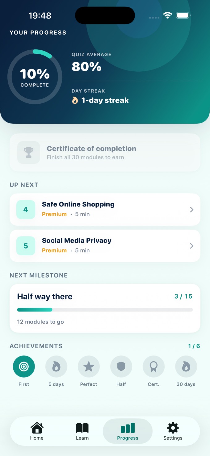 The Nora Aware progress screen with a completion ring, quiz average, streak and achievements